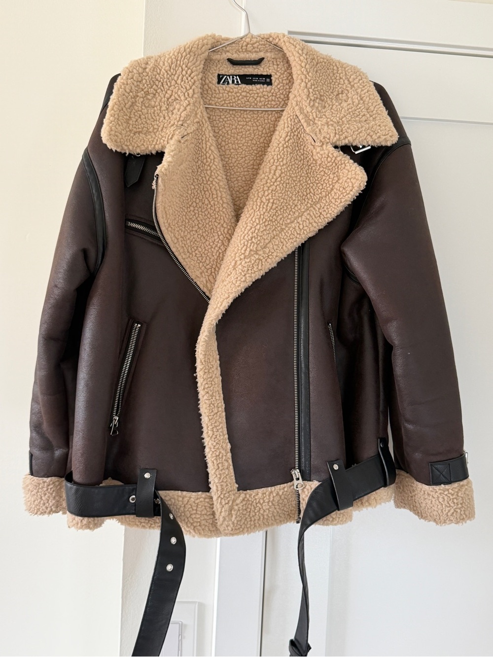 Zara Dark Brown Faux-Shearling Moto Jacket with Cream Trim